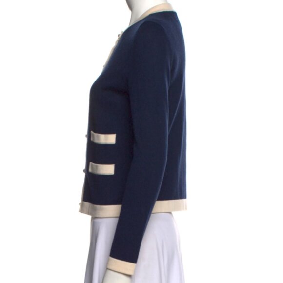 Tory Burch "Ahoy" Nautical Navy Wool Cropped Cardigan w/ Pearl Button Accents - Picture 2 of 10